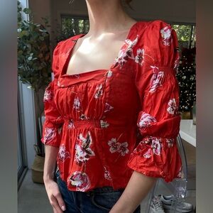 Free People Red Floral Blouse